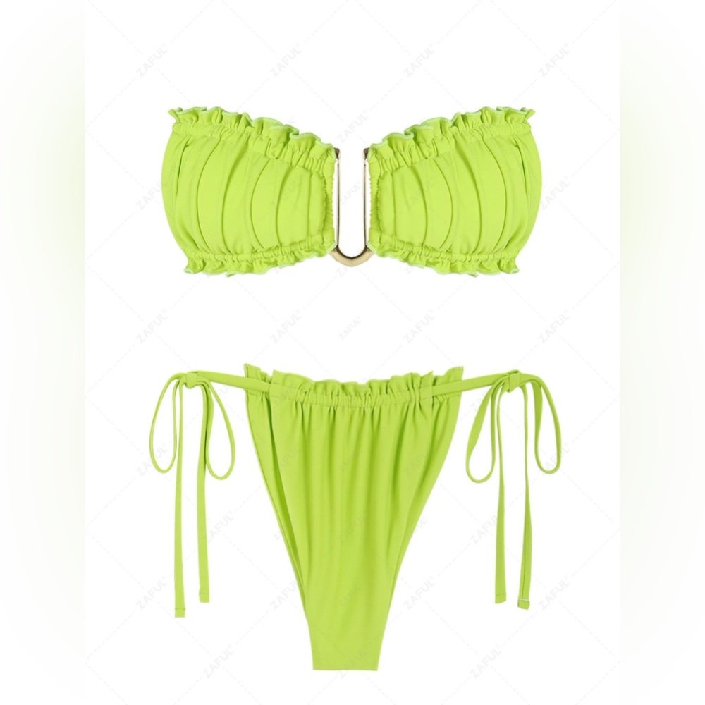 Zaful Green Bandeau Bikini Set with Ruched Details